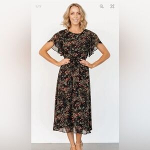 Baltic Born, NWT, Black Floral Midi Dress with Green and Pink Roses